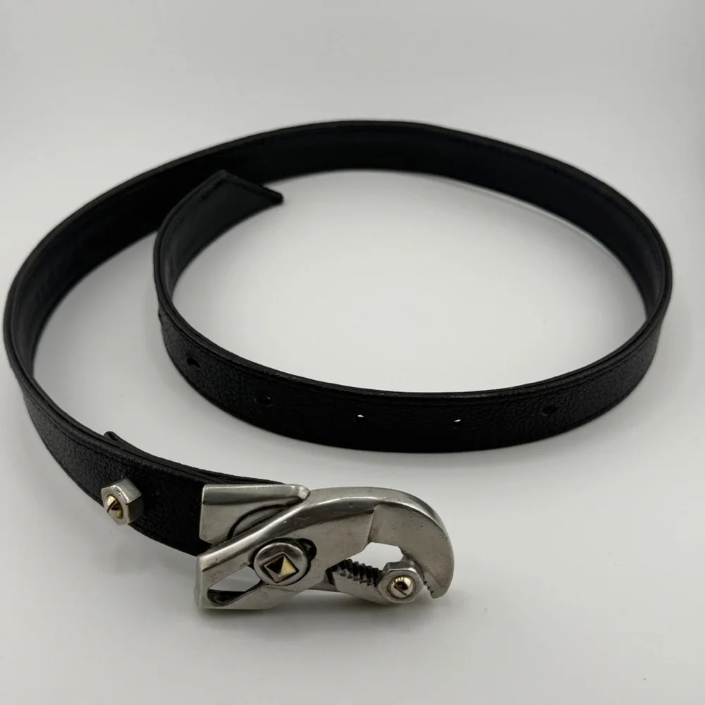 Black Leather Belt Industrial Tool Buckle Silver Hardware Adjustable Waist Belt